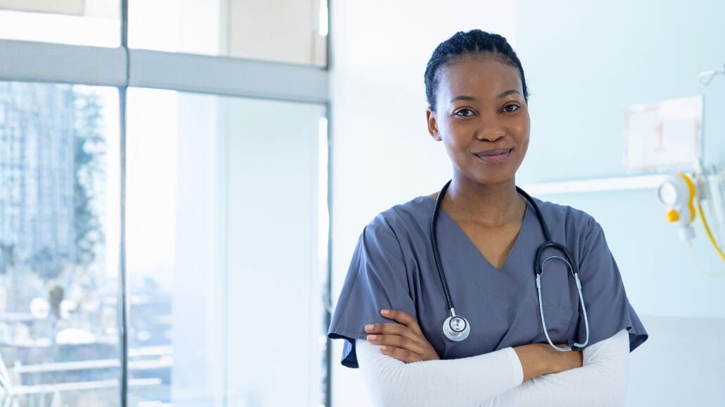 Confident African American nurse in a hospital room
