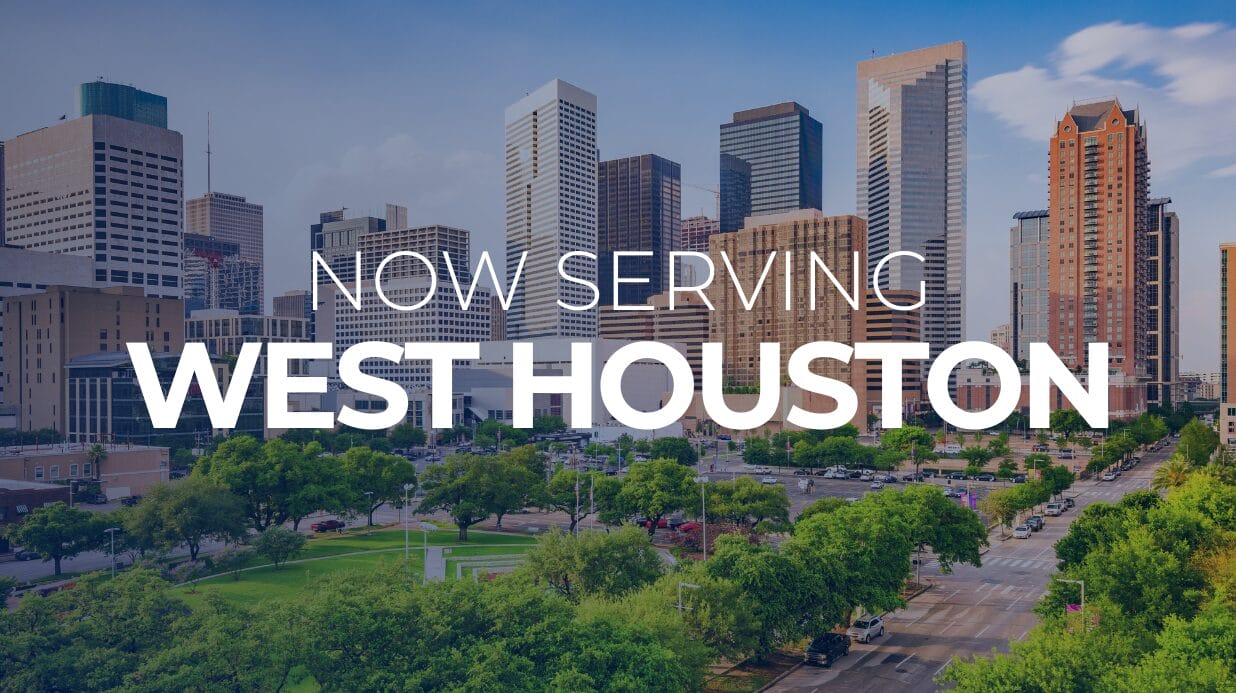 Blog Covers (76) Houston skyline with text overlay "Now serving West Houston"